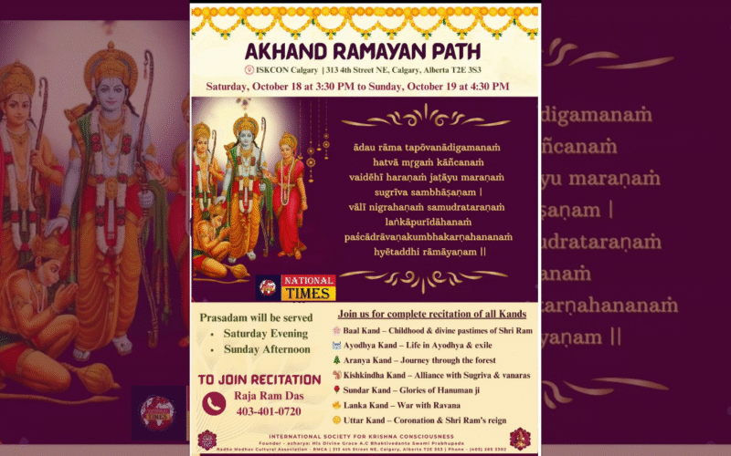 Devotees to Gather for 24-Hour Spiritual Celebration of AKHAND RAMAYAN PATH at ISKCON CALGARY