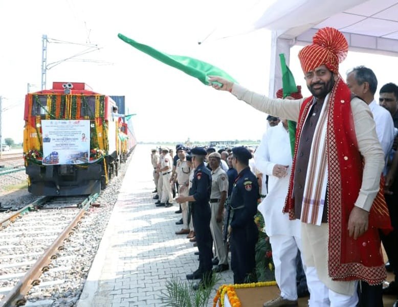 Haryana CM Nayab Singh Saini Flags Off First Freight Train From Nangal Chaudhary Logistics Hub